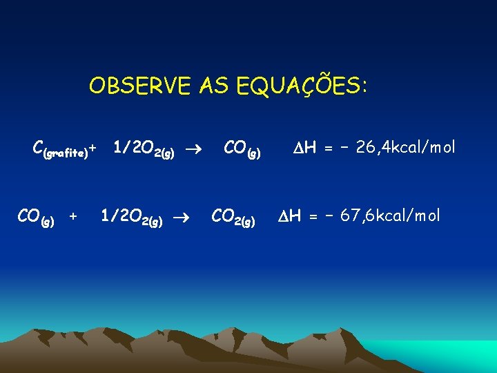 OBSERVE AS EQUAÇÕES: C(grafite)+ 1/2 O 2(g) CO(g) CO 2(g) H = – 26,