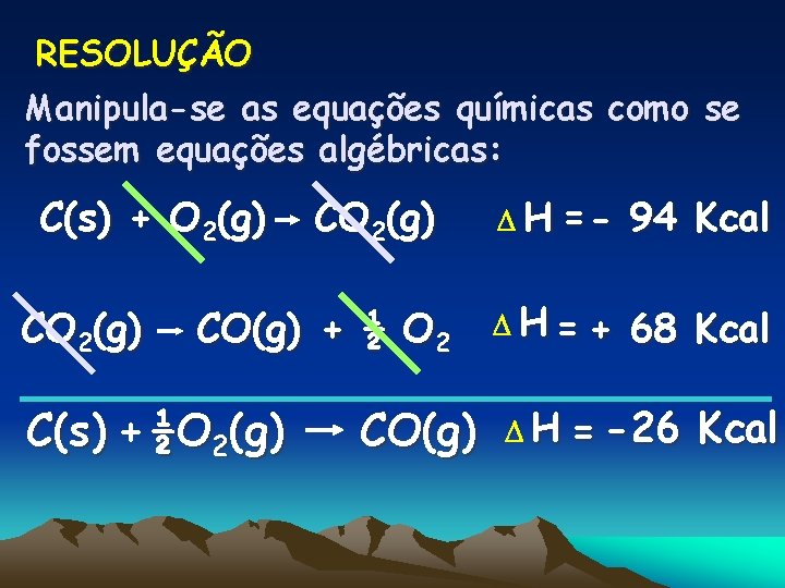 RESOLUÇÃO Manipula-se as equações químicas como se fossem equações algébricas: C(s) + O 2(g)