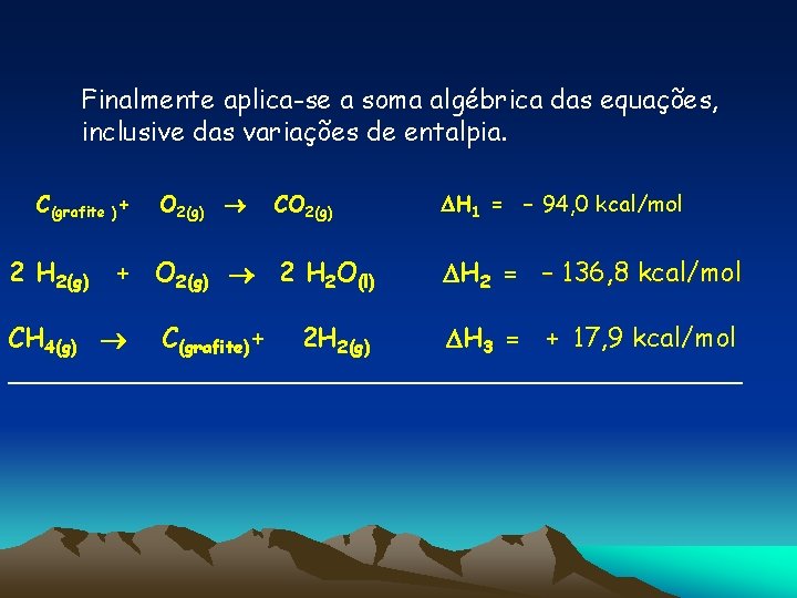 Finalmente aplica-se a soma algébrica das equações, inclusive das variações de entalpia. C(grafite )+