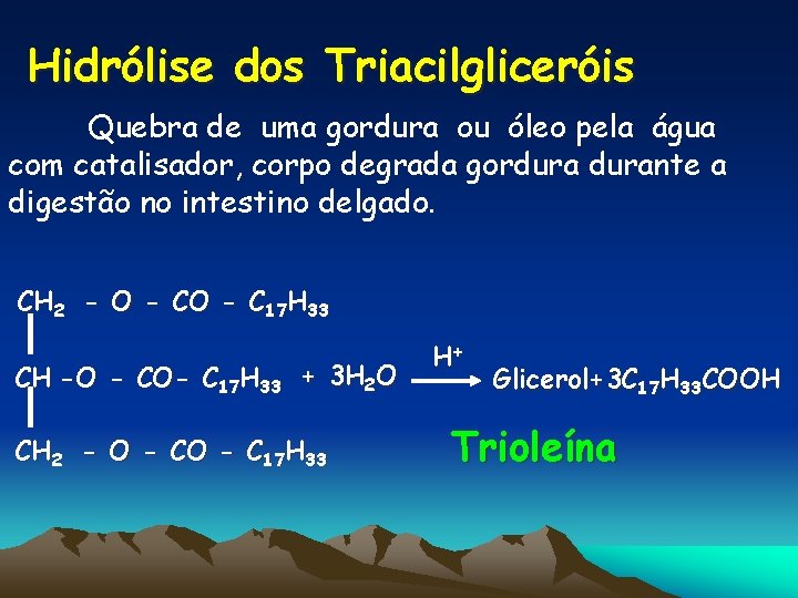 Hidrólise dos Triacilgliceróis Quebra de uma gordura ou óleo pela água com catalisador, corpo