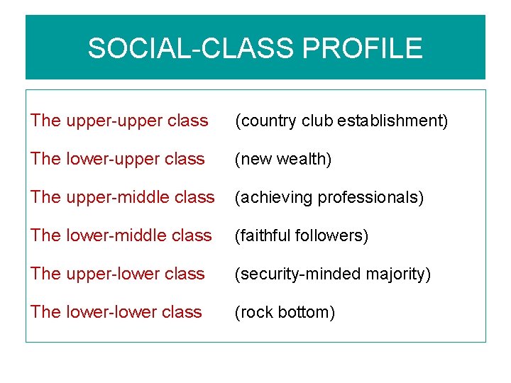 SOCIAL-CLASS PROFILE The upper-upper class (country club establishment) The lower-upper class (new wealth) The