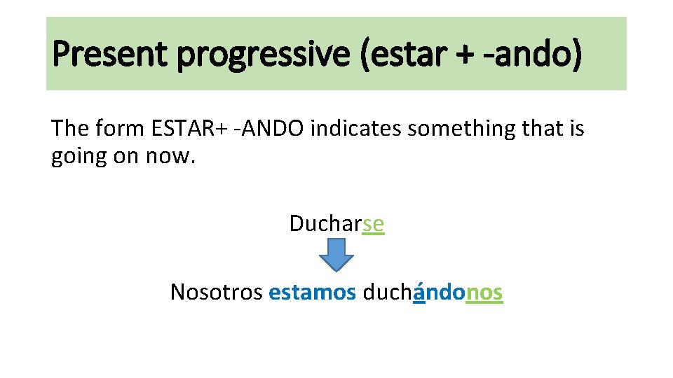 Present progressive (estar + -ando) The form ESTAR+ -ANDO indicates something that is going Present progressive (estar + -ando) The form ESTAR+ -ANDO indicates something that is going