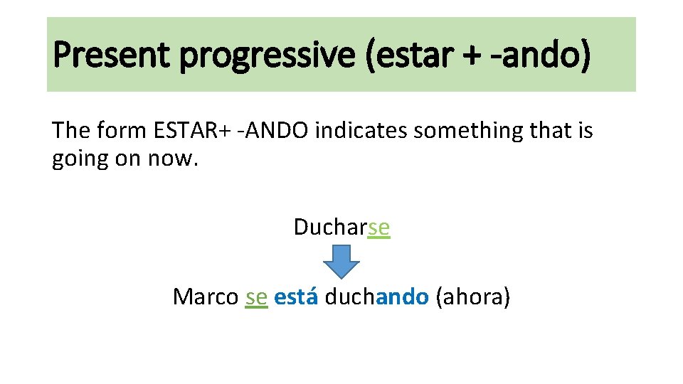 Present progressive (estar + -ando) The form ESTAR+ -ANDO indicates something that is going Present progressive (estar + -ando) The form ESTAR+ -ANDO indicates something that is going