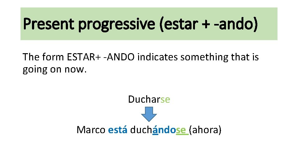 Present progressive (estar + -ando) The form ESTAR+ -ANDO indicates something that is going Present progressive (estar + -ando) The form ESTAR+ -ANDO indicates something that is going