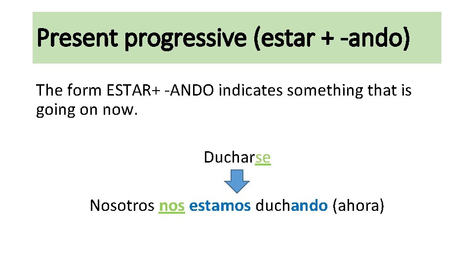 Present progressive (estar + -ando) The form ESTAR+ -ANDO indicates something that is going Present progressive (estar + -ando) The form ESTAR+ -ANDO indicates something that is going