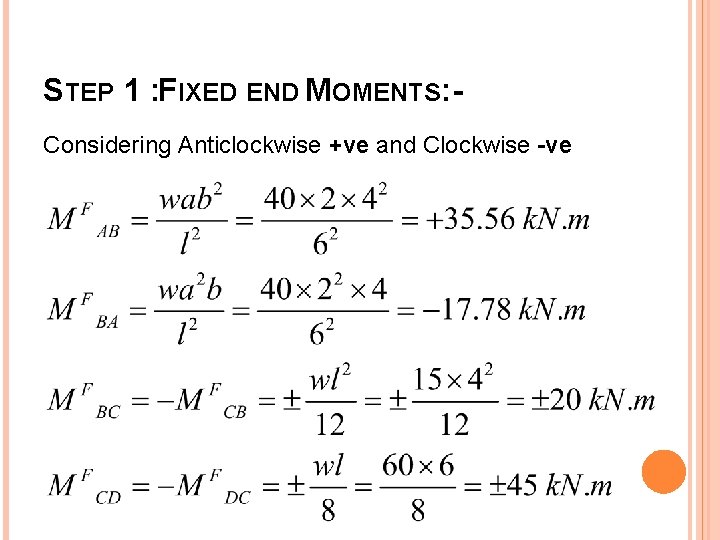 STEP 1 : FIXED END MOMENTS: Considering Anticlockwise +ve and Clockwise -ve 