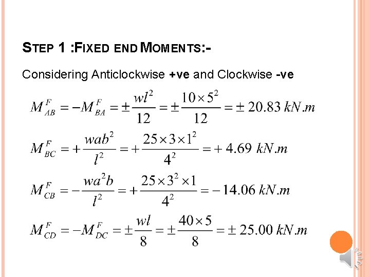 STEP 1 : FIXED END MOMENTS: Considering Anticlockwise +ve and Clockwise -ve 