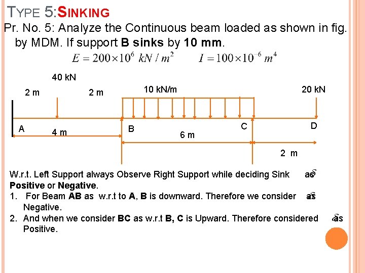 TYPE 5: SINKING Pr. No. 5: Analyze the Continuous beam loaded as shown in