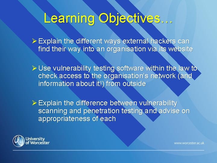 Learning Objectives… Ø Explain the different ways external hackers can find their way into