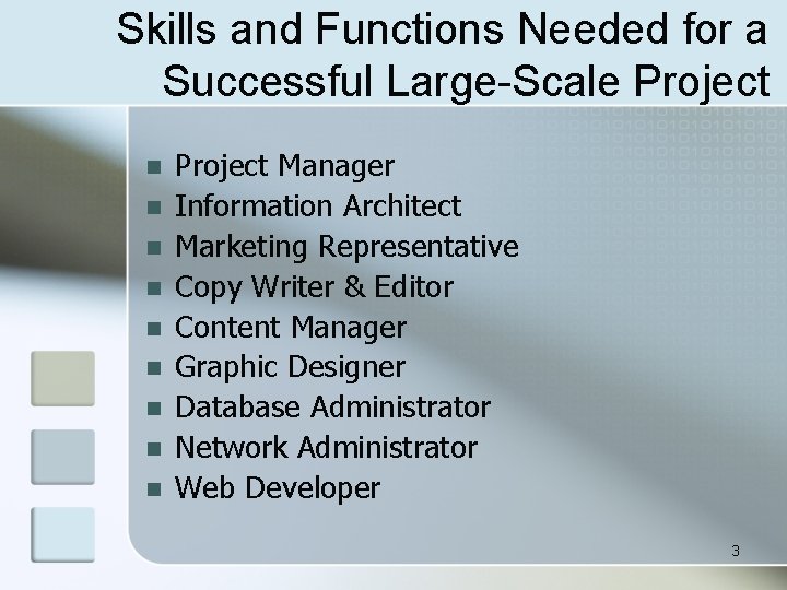 Skills and Functions Needed for a Successful Large-Scale Project n n n n n