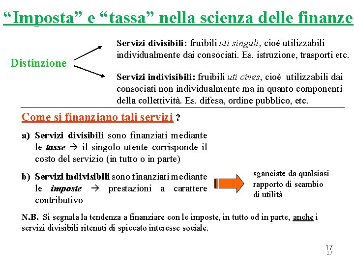 “Imposta” e “tassa” nella scienza delle finanze Distinzione Servizi divisibili: fruibili uti singuli, cioè