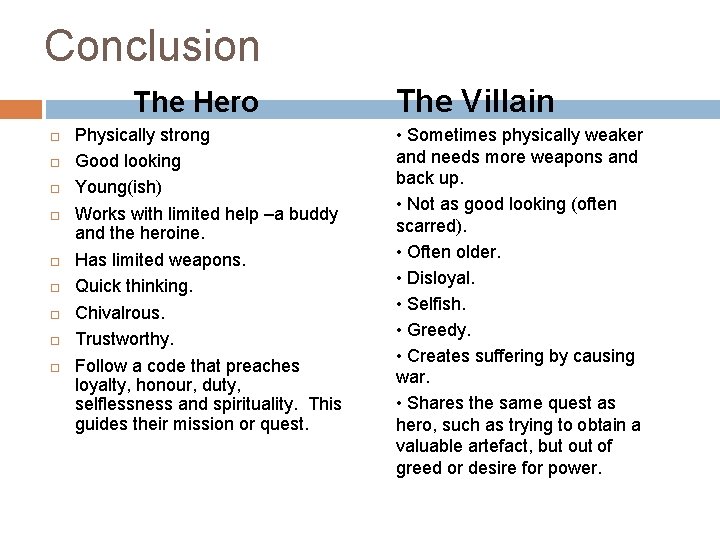 Conclusion The Hero Physically strong Good looking Young(ish) Works with limited help –a buddy