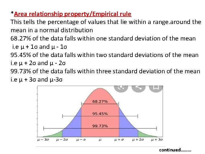 *Area relationship property/Empirical rule This tells the percentage of values that lie within a