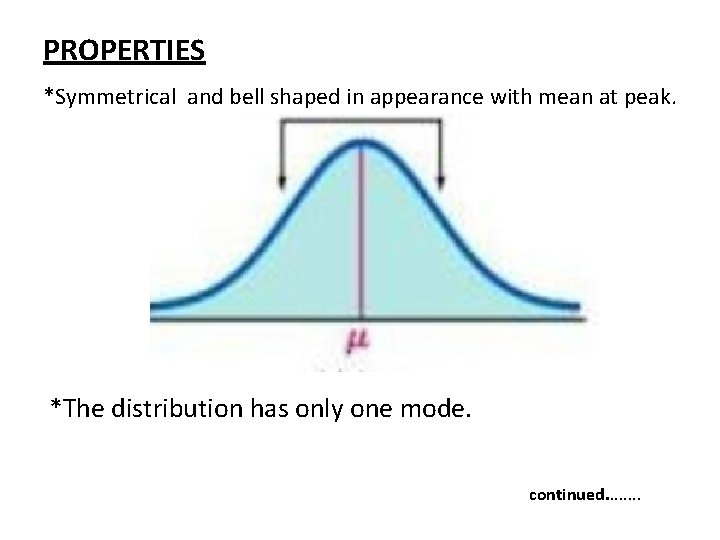PROPERTIES *Symmetrical and bell shaped in appearance with mean at peak. *The distribution has