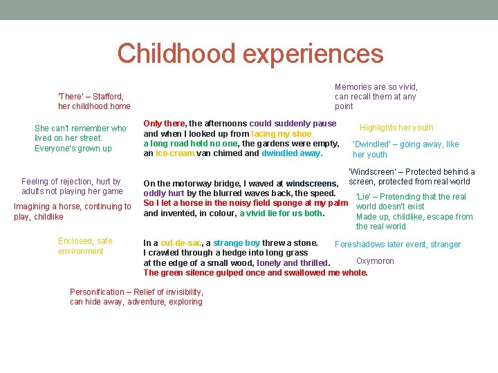 Childhood experiences Memories are so vivid, can recall them at any point ‘There’ –