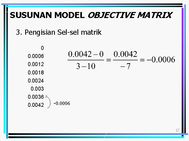 SUSUNAN MODEL OBJECTIVE MATRIX 3. Pengisian Sel-sel matrik 0 0. 0006 0. 0012 0.