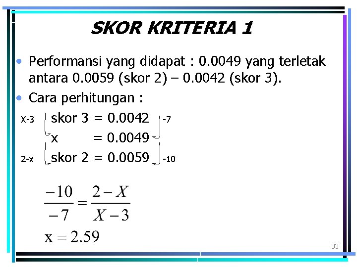 SKOR KRITERIA 1 • Performansi yang didapat : 0. 0049 yang terletak antara 0.