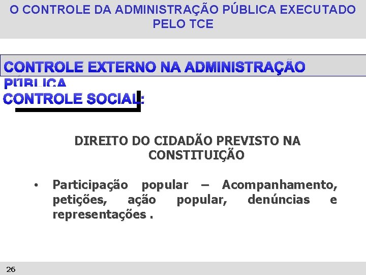 O CONTROLE DA ADMINISTRAÇÃO PÚBLICA EXECUTADO PELO TCE CONTROLE EXTERNO NA ADMINISTRAÇÃO PÚBLICA CONTROLE