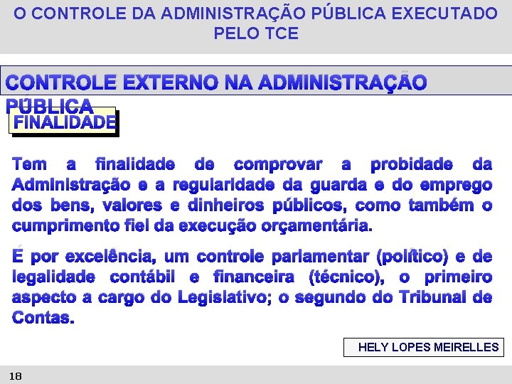 O CONTROLE DA ADMINISTRAÇÃO PÚBLICA EXECUTADO PELO TCE CONTROLE EXTERNO NA ADMINISTRAÇÃO PÚBLICA FINALIDADE