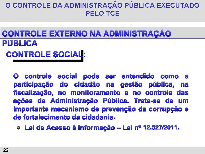 O CONTROLE DA ADMINISTRAÇÃO PÚBLICA EXECUTADO PELO TCE CONTROLE EXTERNO NA ADMINISTRAÇÃO PÚBLICA CONTROLE