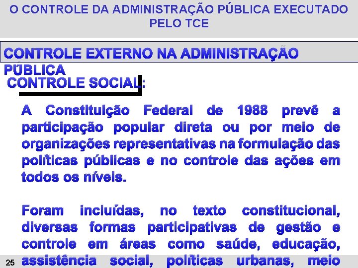 O CONTROLE DA ADMINISTRAÇÃO PÚBLICA EXECUTADO PELO TCE CONTROLE EXTERNO NA ADMINISTRAÇÃO PÚBLICA CONTROLE