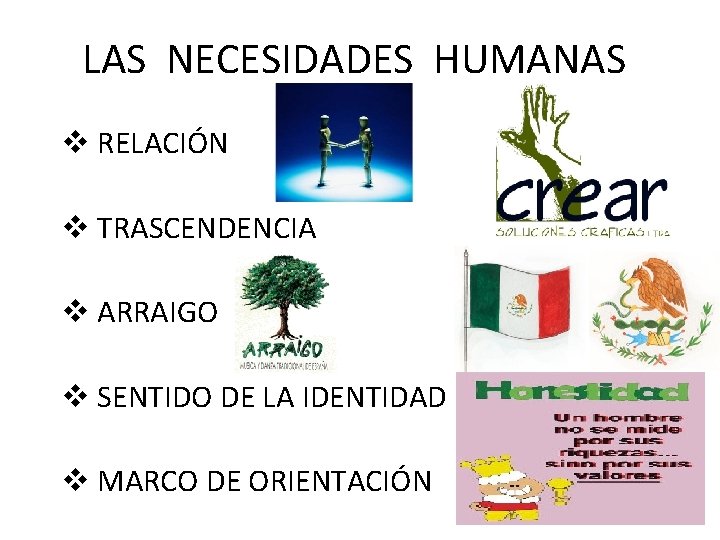 LAS NECESIDADES HUMANAS v RELACIÓN v TRASCENDENCIA v ARRAIGO v SENTIDO DE LA IDENTIDAD