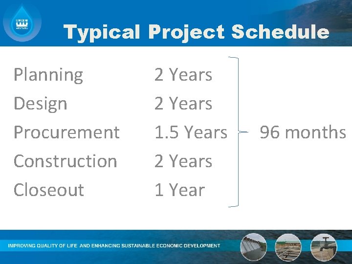 Typical Project Schedule Planning Design Procurement Construction Closeout 2 Years 1. 5 Years 2