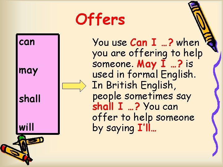 Offers can may shall will You use Can I …? when you are offering