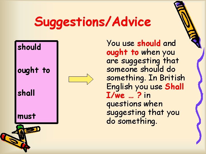 Suggestions/Advice should ought to shall must You use should and ought to when you