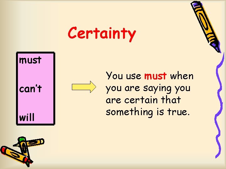 Certainty must can’t will You use must when you are saying you are certain