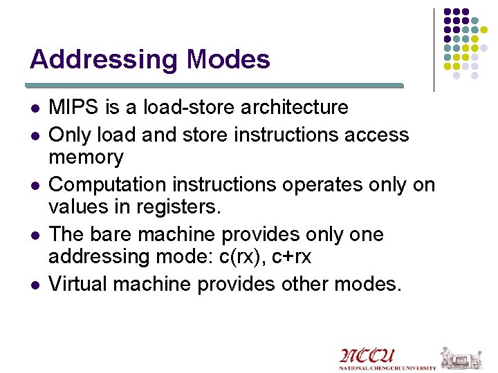 Addressing Modes l l l MIPS is a load-store architecture Only load and store