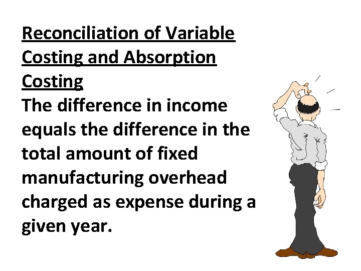 Reconciliation of Variable Costing and Absorption Costing The difference in income equals the difference