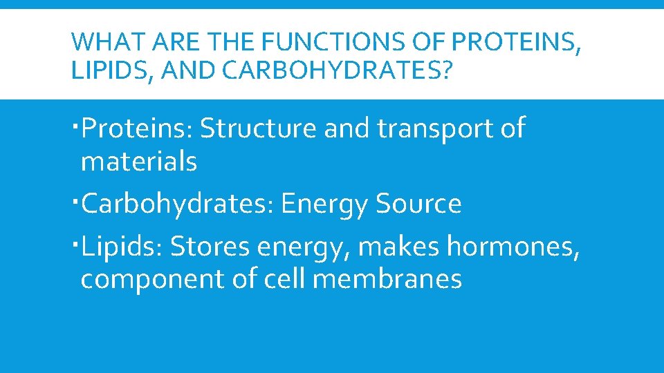 WHAT ARE THE FUNCTIONS OF PROTEINS, LIPIDS, AND CARBOHYDRATES? Proteins: Structure and transport of