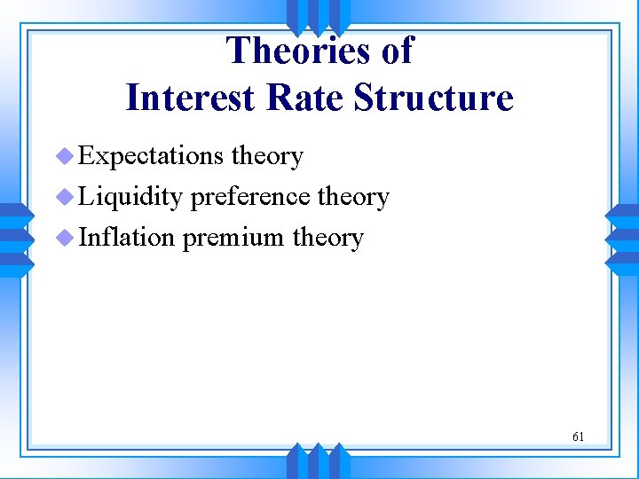Theories of Interest Rate Structure u Expectations theory u Liquidity preference theory u Inflation