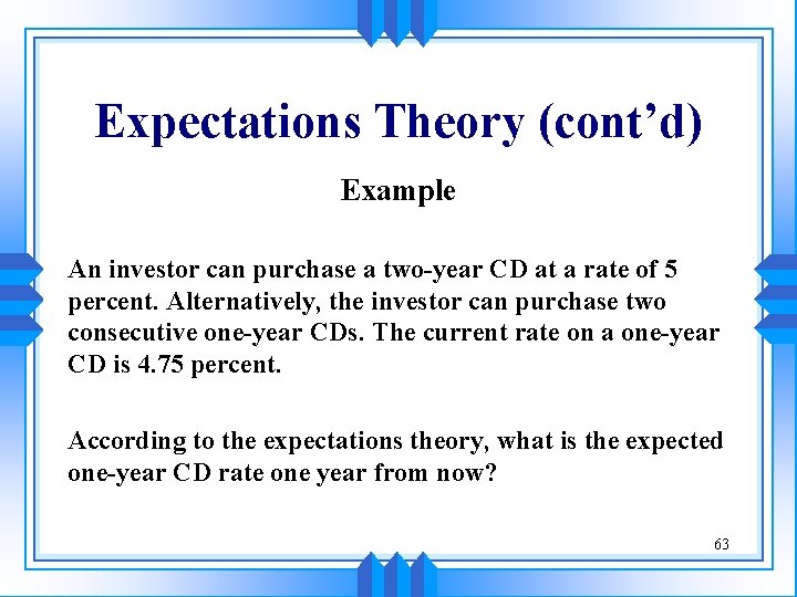 Expectations Theory (cont’d) Example An investor can purchase a two-year CD at a rate