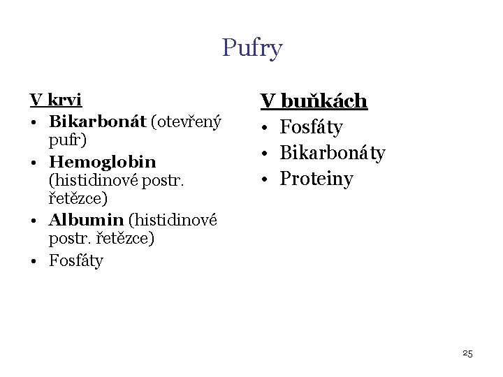 Pufry V krvi • Bikarbonát (otevřený pufr) • Hemoglobin (histidinové postr. řetězce) • Albumin