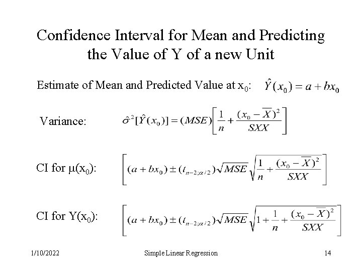 Confidence Interval for Mean and Predicting the Value of Y of a new Unit Confidence Interval for Mean and Predicting the Value of Y of a new Unit