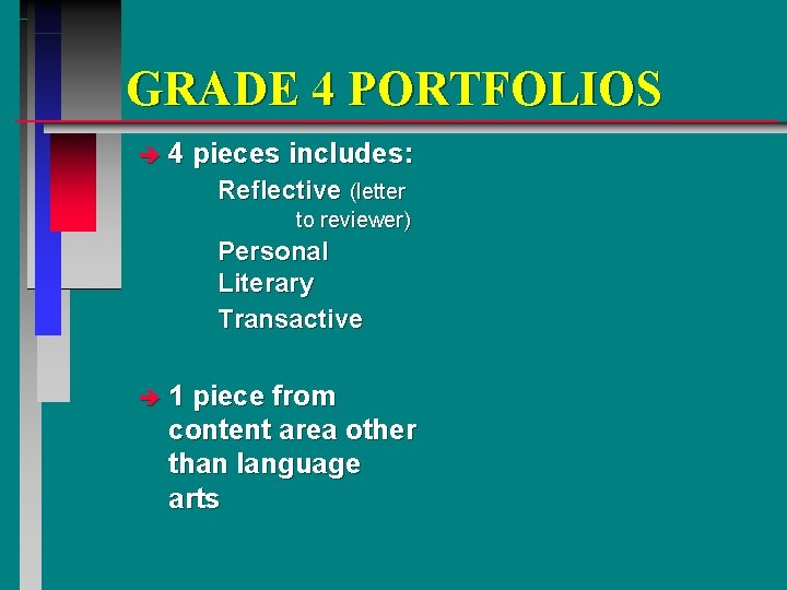 GRADE 4 PORTFOLIOS è 4 pieces includes: Reflective (letter to reviewer) Personal Literary Transactive