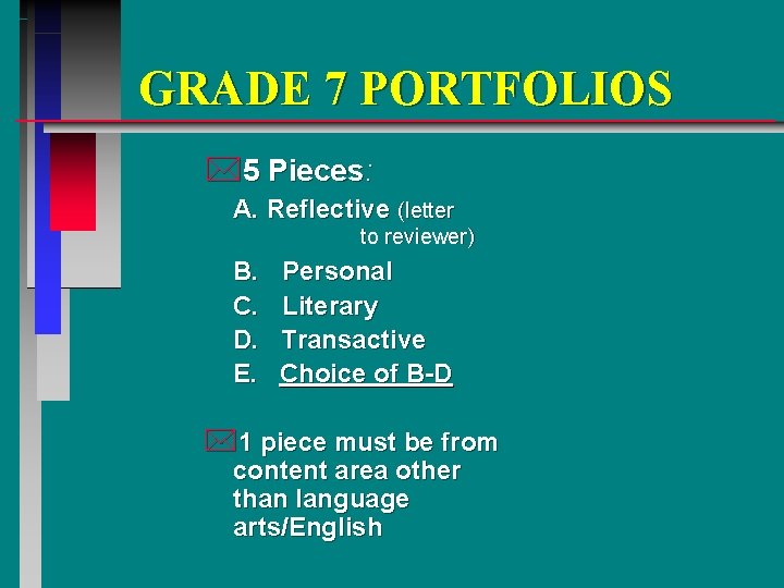 GRADE 7 PORTFOLIOS *5 Pieces: A. Reflective (letter to reviewer) B. C. D. E.