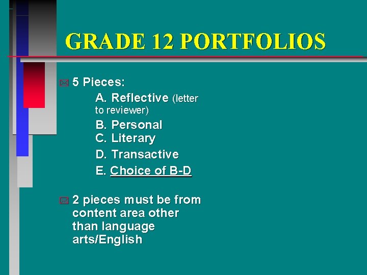 GRADE 12 PORTFOLIOS *5 Pieces: A. Reflective (letter to reviewer) B. Personal C. Literary