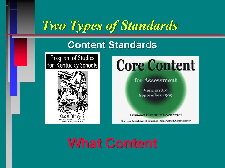 Two Types of Standards Content Standards What Content 