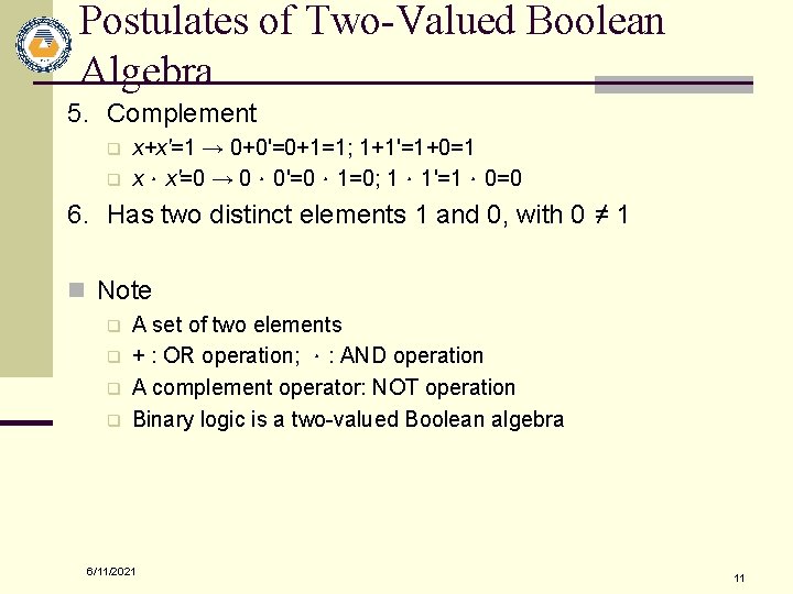 Postulates of Two-Valued Boolean Algebra 5. Complement q q x+x'=1 → 0+0'=0+1=1; 1+1'=1+0=1 x．x'=0