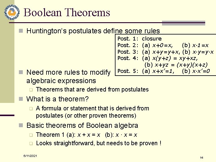 Boolean Theorems n Huntington’s postulates define some rules Post. n Need more rules to