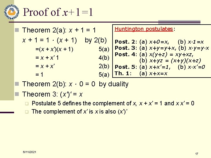 Proof of x+1=1 Huntington postulates: n Theorem 2(a): x + 1 = 1．(x +