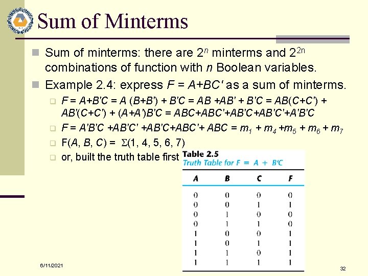 Sum of Minterms n Sum of minterms: there are 2 n minterms and 22