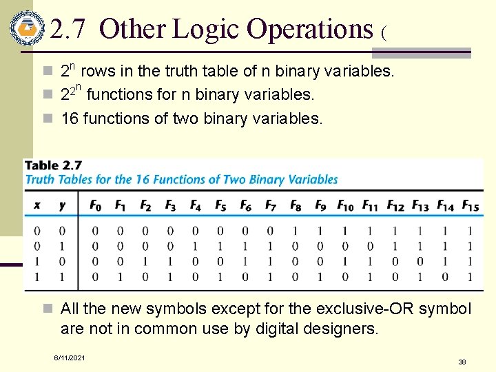 2. 7 Other Logic Operations ( n 2 n rows in the truth table