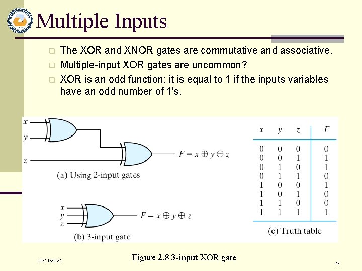 Multiple Inputs q q q The XOR and XNOR gates are commutative and associative.