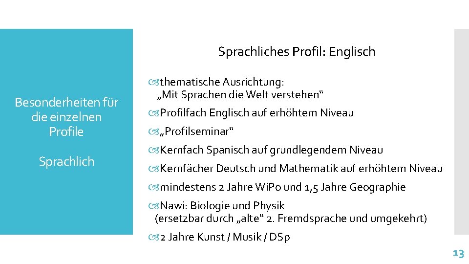 Sprachliches Profil: Englisch Besonderheiten für die einzelnen Profile Sprachlich thematische Ausrichtung: „Mit Sprachen die