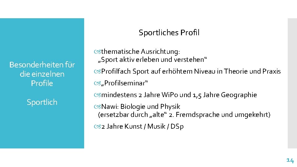 Sportliches Profil Besonderheiten für die einzelnen Profile Sportlich thematische Ausrichtung: „Sport aktiv erleben und