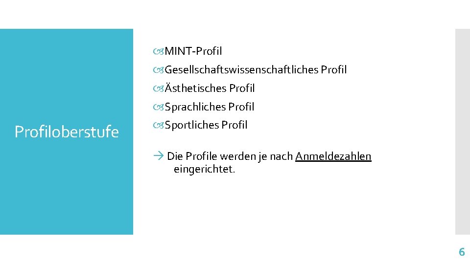  MINT-Profil Gesellschaftswissenschaftliches Profil Ästhetisches Profil Sprachliches Profiloberstufe Sportliches Profil Die Profile werden je